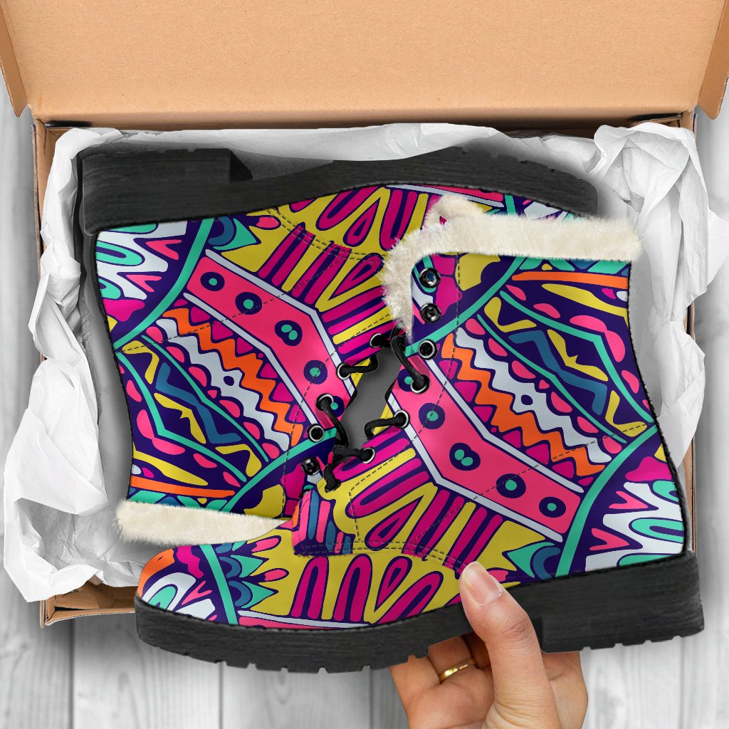 Colorful Mandala Bohemian Boots: Step Out in Style with Faux Fur and Leather! - 5