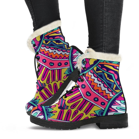 Colorful Mandala Bohemian Boots: Step Out in Style with Faux Fur and Leather! - 1