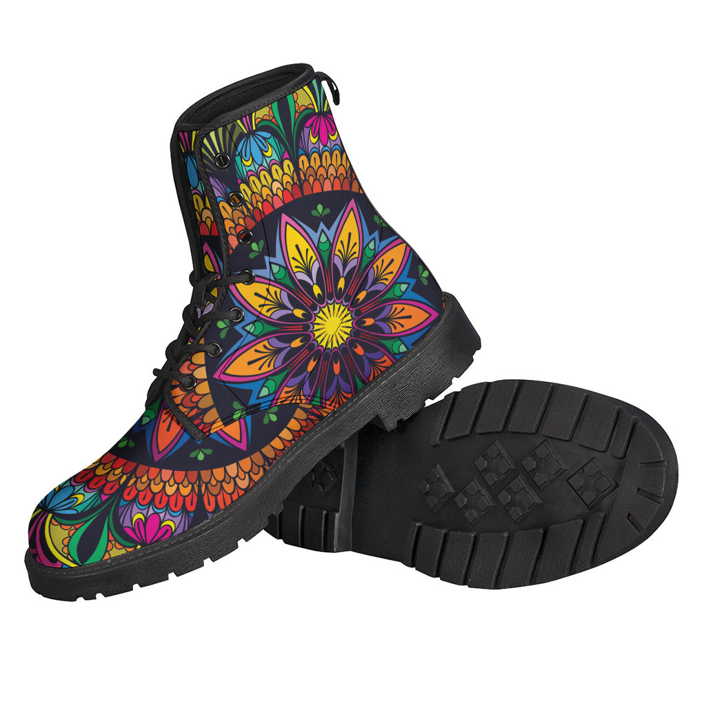 Cosmic Vibes: Colorful Mandala Print Leather Lightweight Boots for Modern Hippies - 2