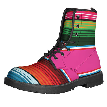 Funky and Stylish Hippie Leather Boots with Colorful Mexican Blanket Stripe Prints - 1