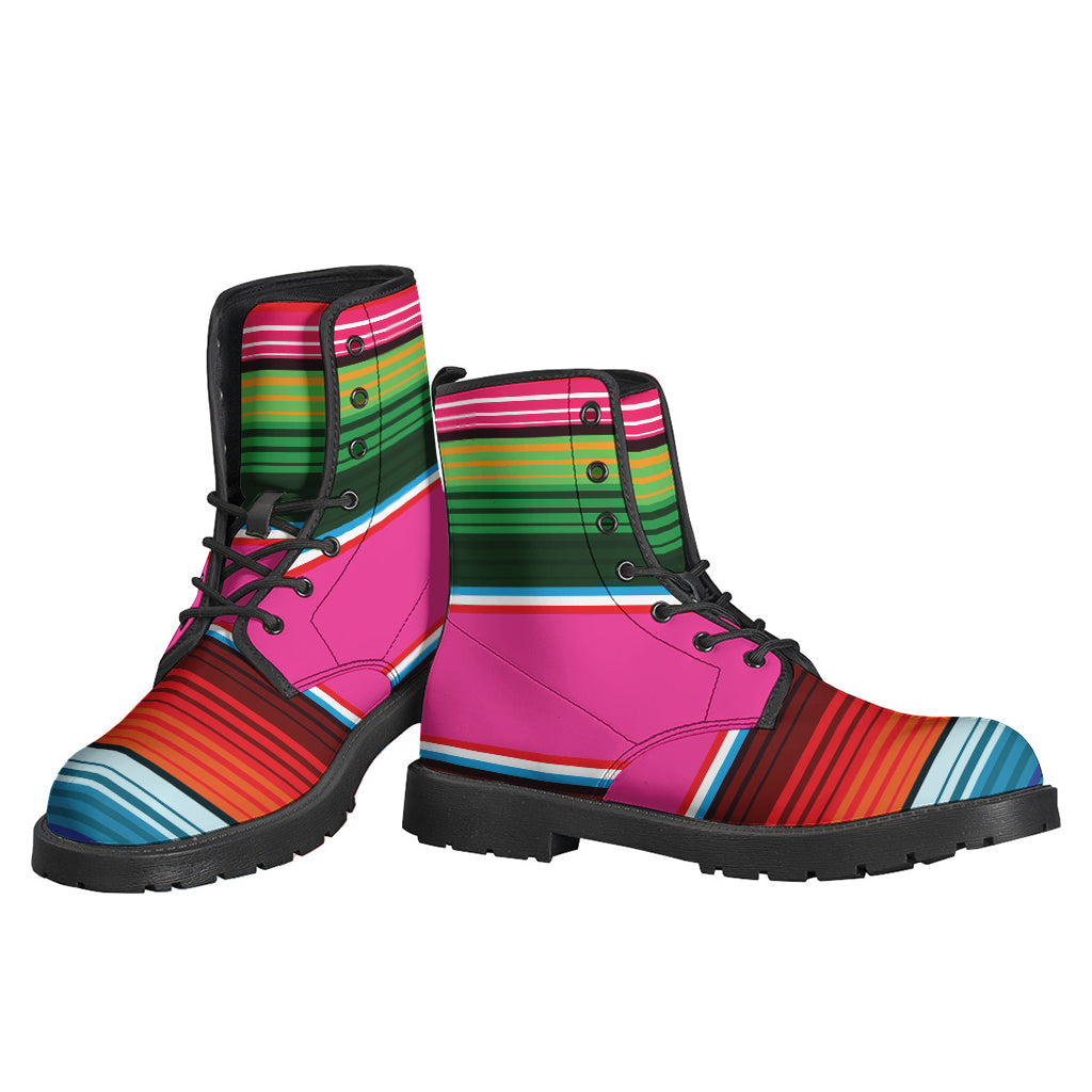 Funky and Stylish Hippie Leather Boots with Colorful Mexican Blanket Stripe Prints - 3