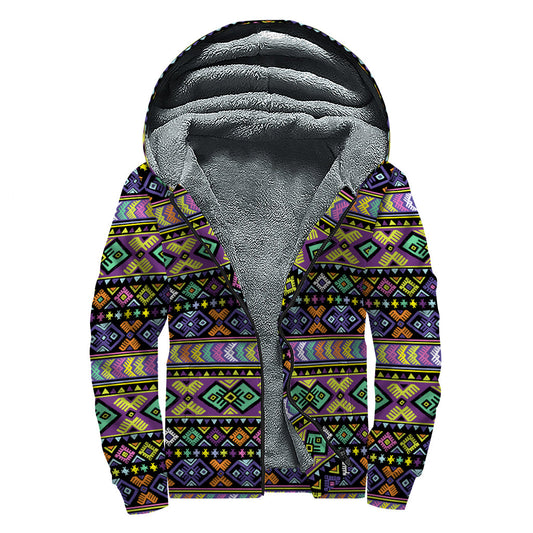 Groovy Tribal Print Sherpa Lined Zip Up Hoodie for Free-Spirited Hippies - 1