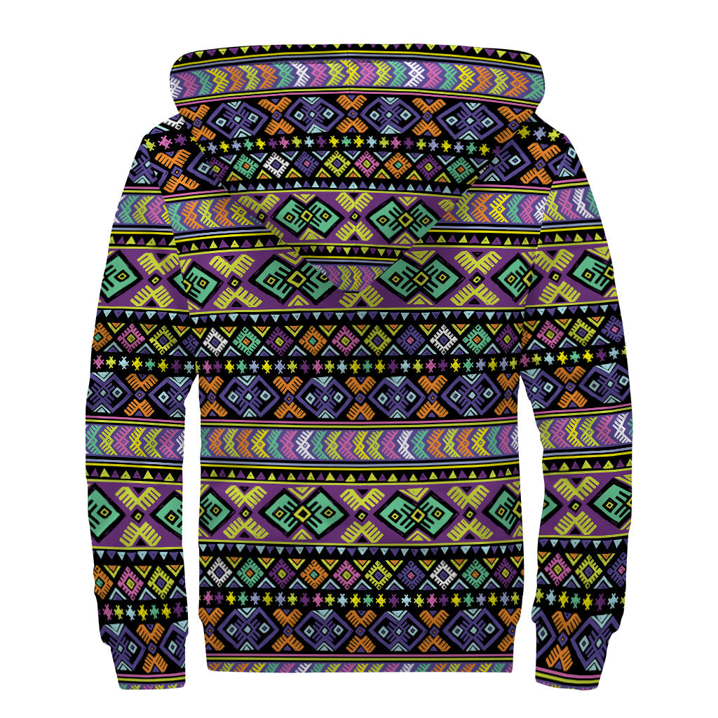 Groovy Tribal Print Sherpa Lined Zip Up Hoodie for Free-Spirited Hippies - 2