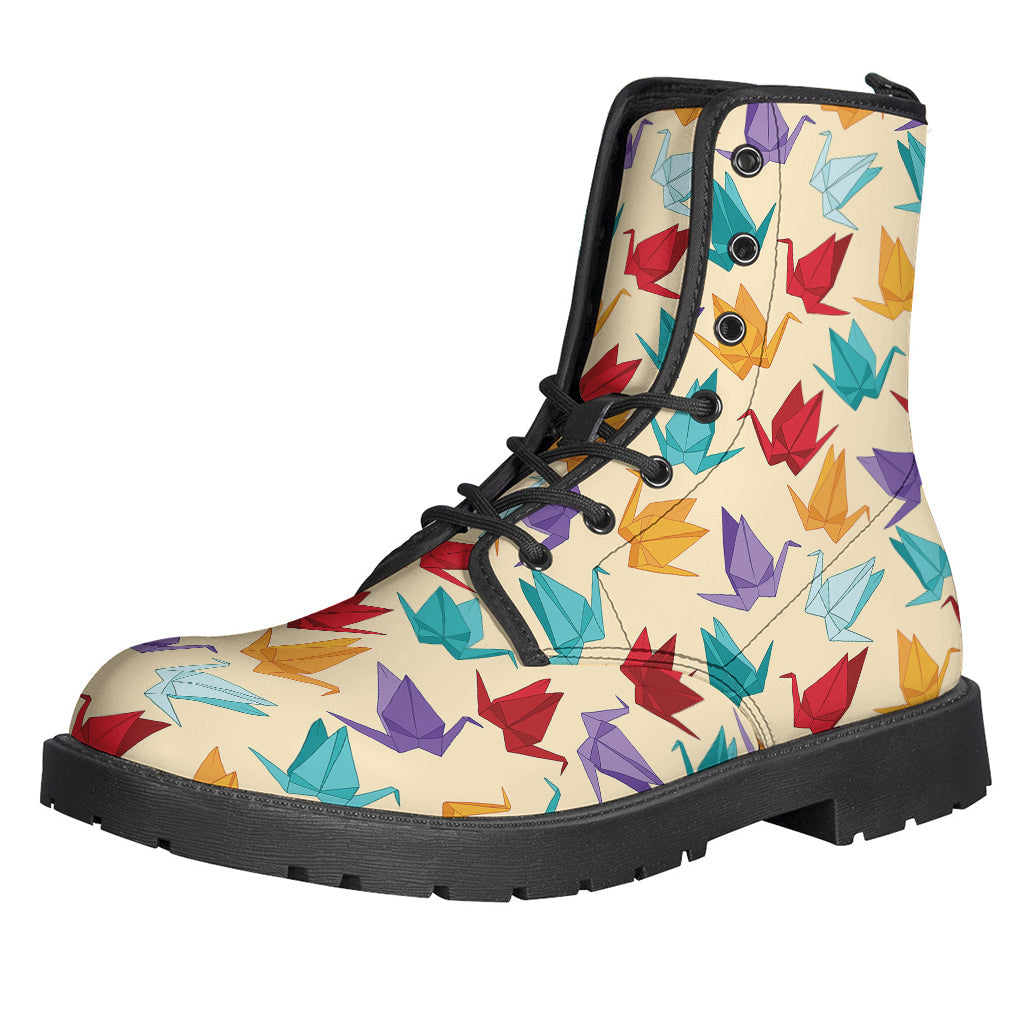 Colorful Origami Crane Pattern Leather Boots for Free-Spirited Hippies - 1