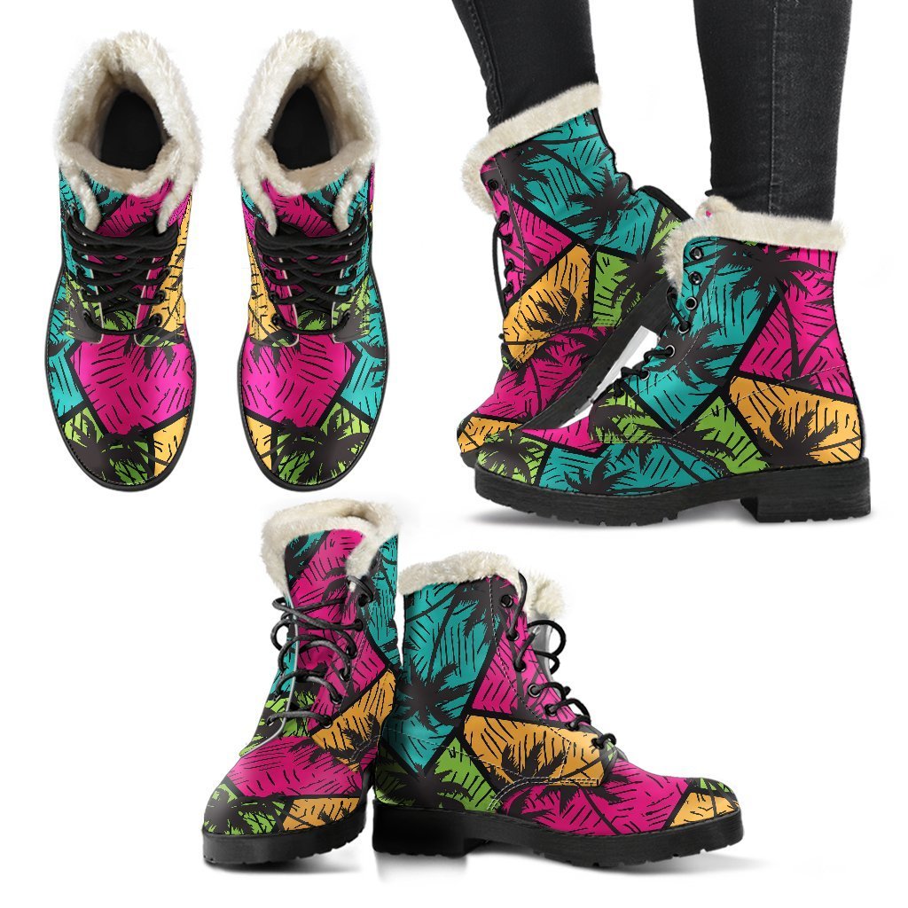 Groovy Vibes: Colorful Palm Tree Faux Fur Leather Boots for Hippies - 2