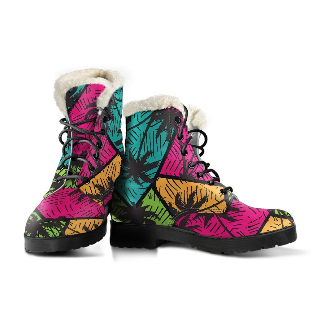 Groovy Vibes: Colorful Palm Tree Faux Fur Leather Boots for Hippies - 3