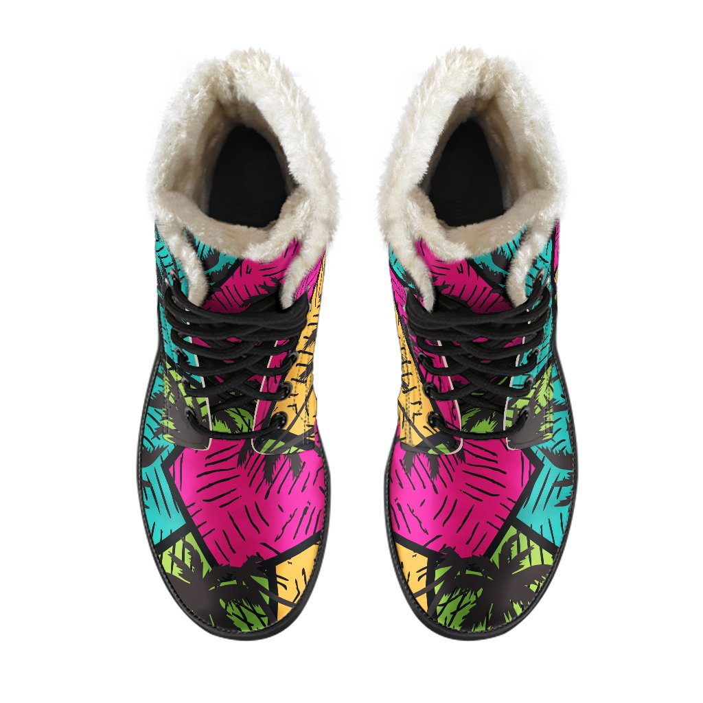 Groovy Vibes: Colorful Palm Tree Faux Fur Leather Boots for Hippies - 4