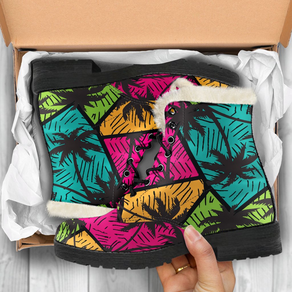 Groovy Vibes: Colorful Palm Tree Faux Fur Leather Boots for Hippies - 5