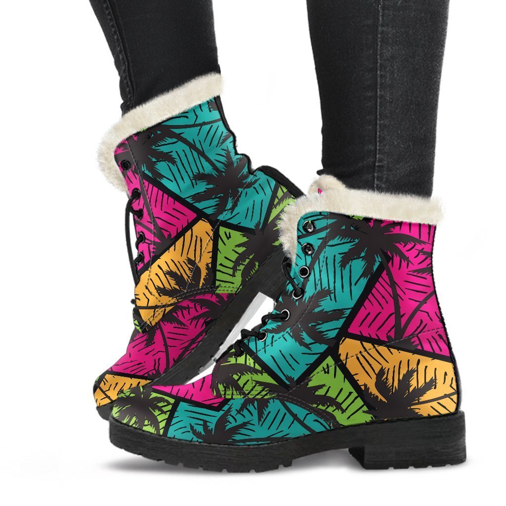 Groovy Vibes: Colorful Palm Tree Faux Fur Leather Boots for Hippies - 1