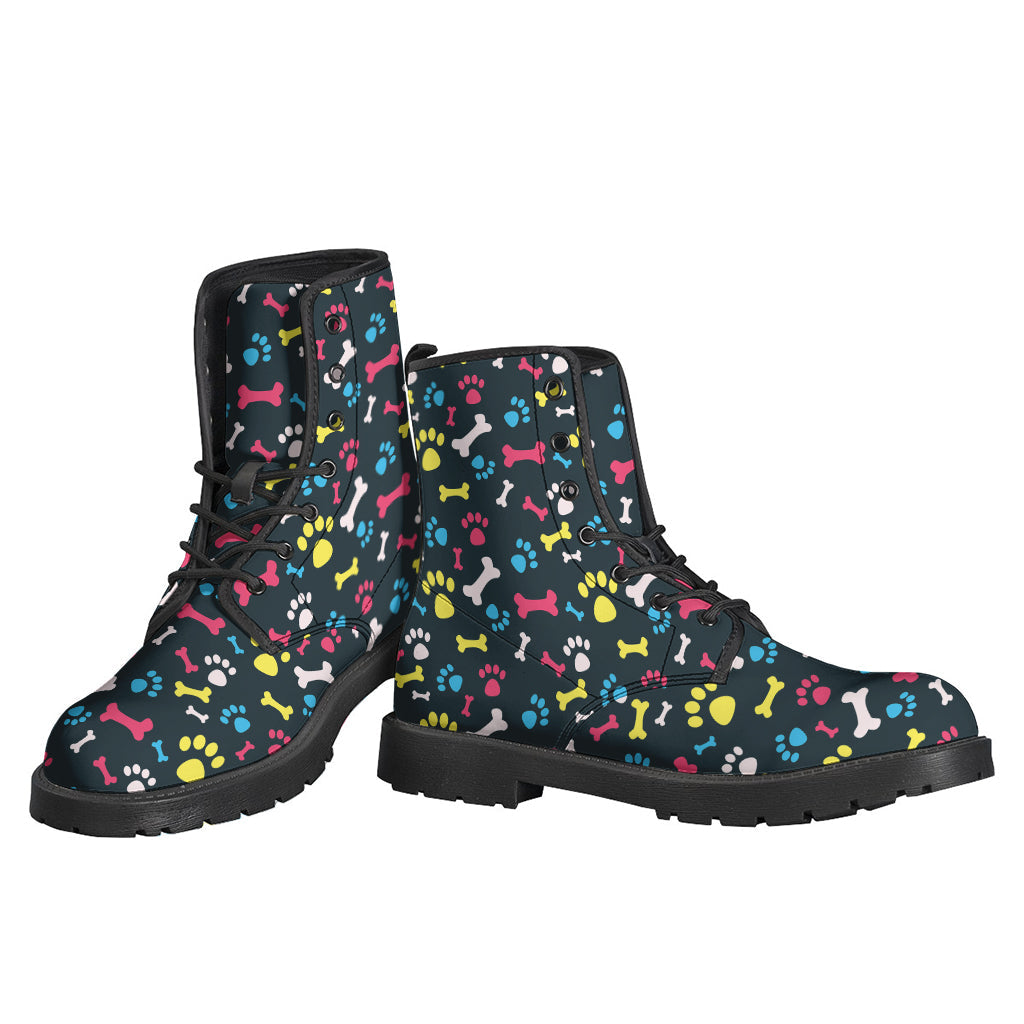 Colorful Paw and Bone Pattern Print Leather Hippie Boots - 3