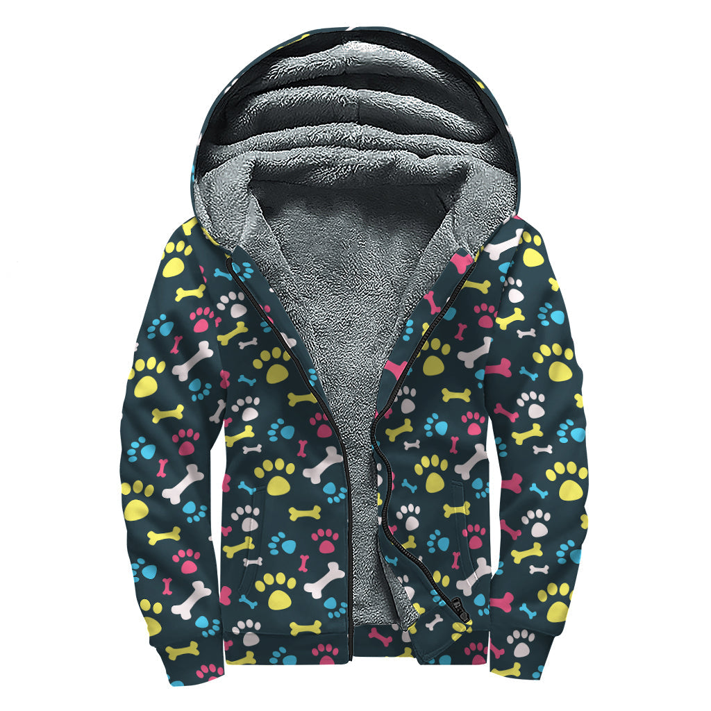 Colorful Paw and Bone Pattern Print Sherpa Lined Zip Up Hoodie for Free-Spirited Hippies - 1