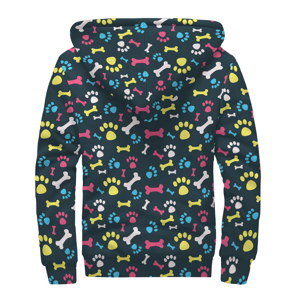 Colorful Paw and Bone Pattern Print Sherpa Lined Zip Up Hoodie for Free-Spirited Hippies - 2