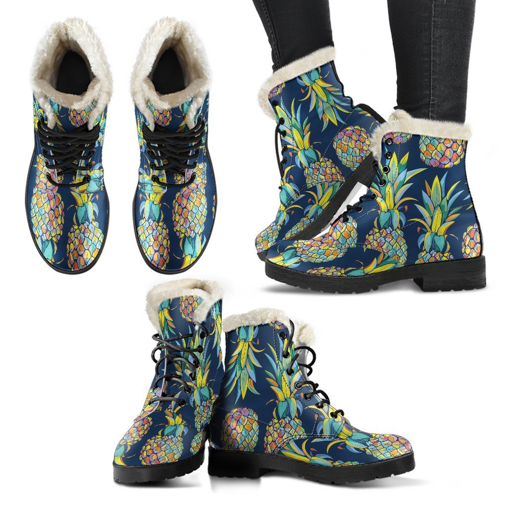 Colorful Pineapple Pattern Faux Fur Leather Boots: Embrace Your Inner Hippie Style - 2