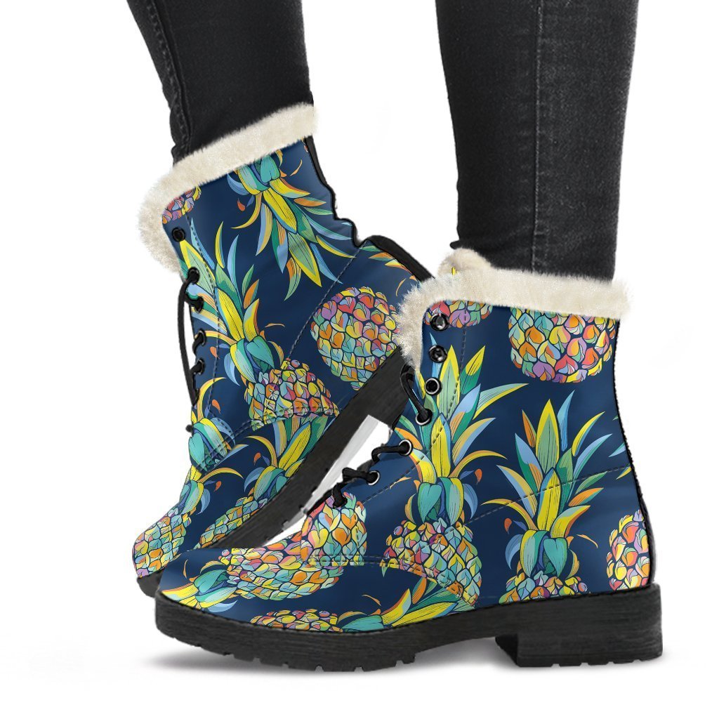 Colorful Pineapple Pattern Faux Fur Leather Boots: Embrace Your Inner Hippie Style - 1