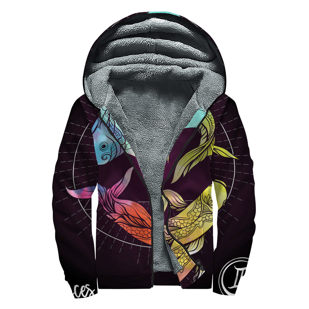 Colorful Pisces Sign Print Sherpa Lined Zip Up Hoodie for the Free-Spirited Hippie - 1