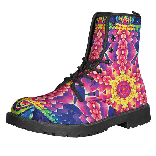 Boho Chic: Colorful Psychedelic Kaleidoscope Leather Boots for Hippie Souls - 1