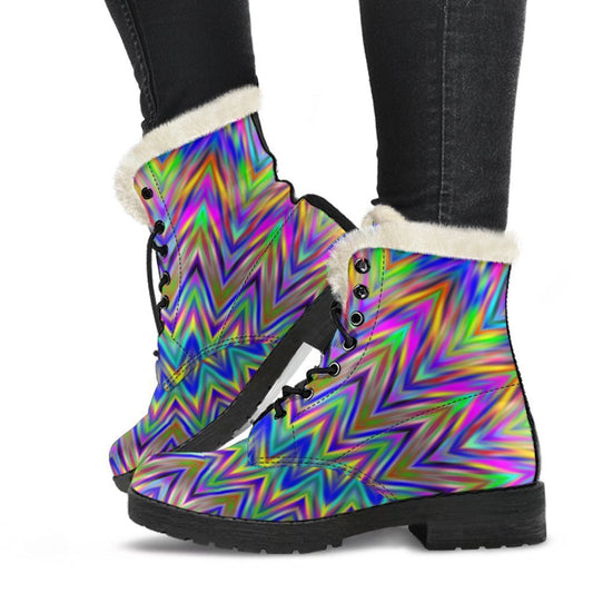 Groovy Vibes: Colorful Psychedelic Faux Fur Leather Boots for Hippies - 1