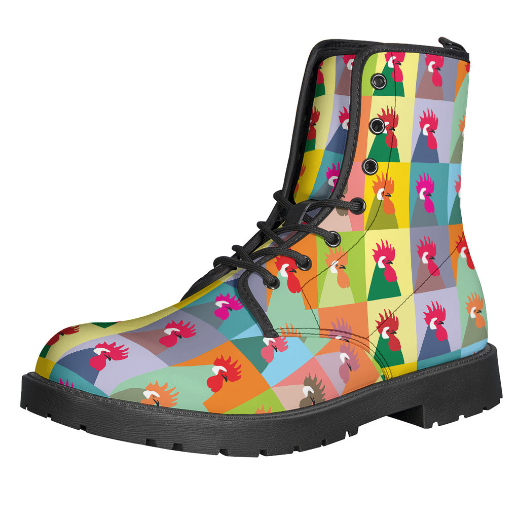 Bohemian Bliss: Colorful Rooster Pattern Leather Boots for Hippies - 1