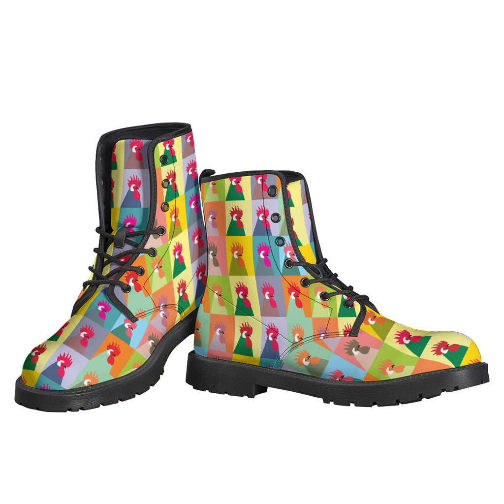 Bohemian Bliss: Colorful Rooster Pattern Leather Boots for Hippies - 3