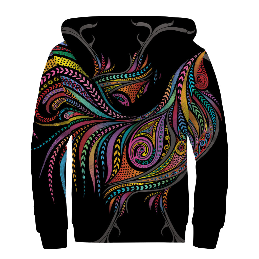 Colorful Rooster Print Sherpa Lined Zip Up Hoodie - Embrace Your Inner Hippie Vibes - 2