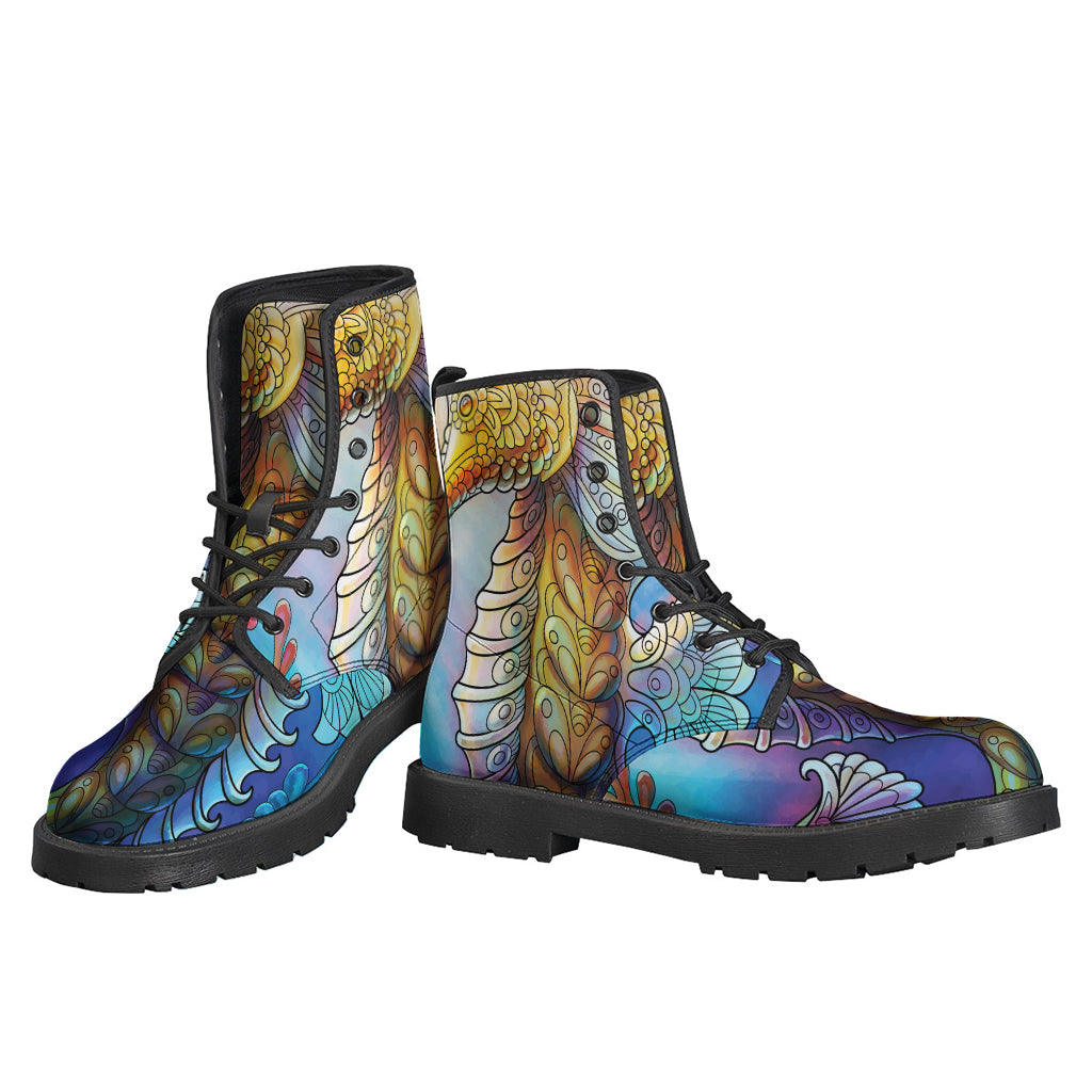 Groovy Vibes: Colorful Seahorse Print Leather Boots for the Free-Spirited Hippie - 3