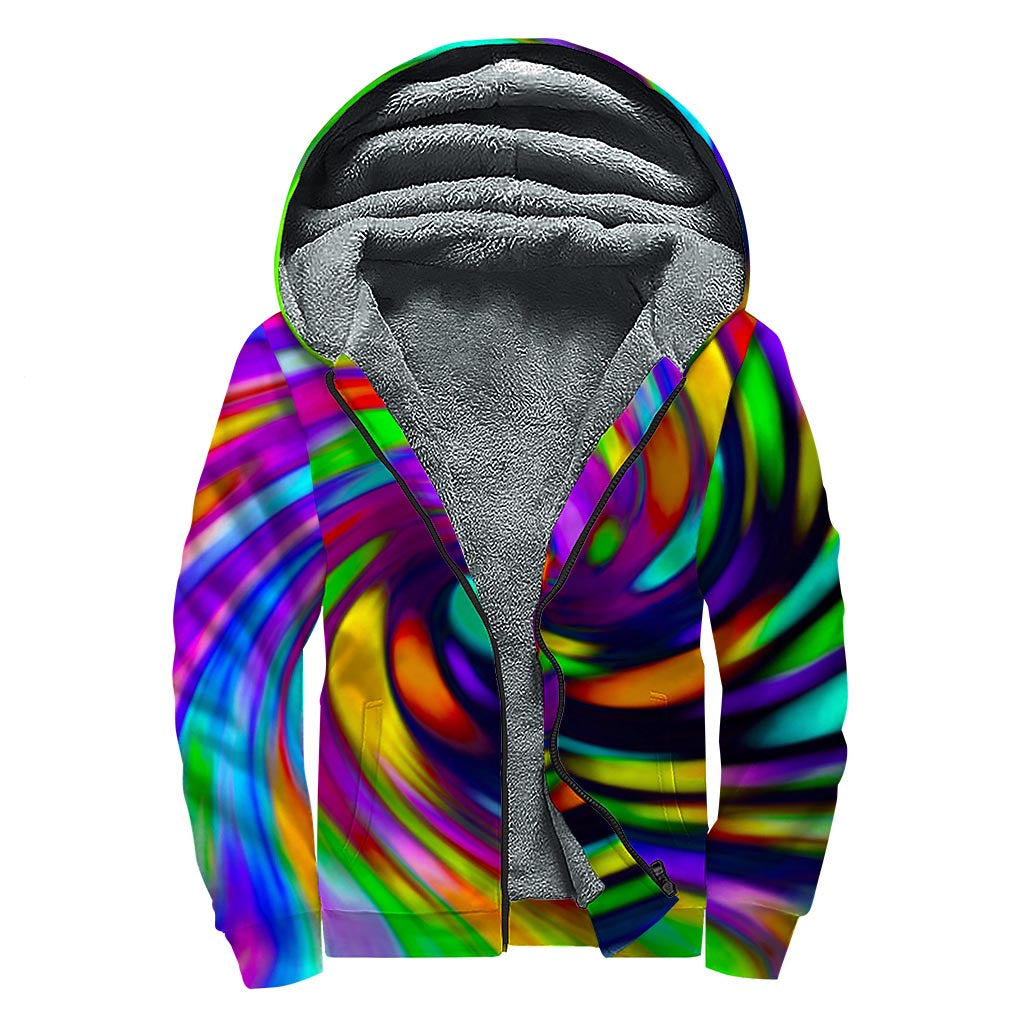 Groovy Vibes: Colorful Spiral Trippy Print Hippies Sherpa Lined Zip Up Hoodie - 1