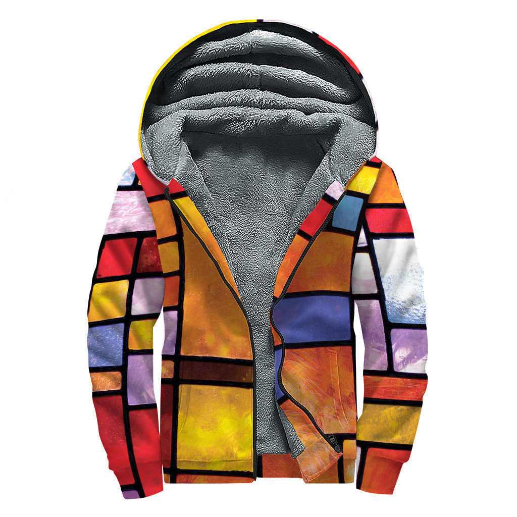 Groovy Vibes: Colorful Stained Glass Mosaic Print Sherpa Lined Zip Up Hoodie - 1