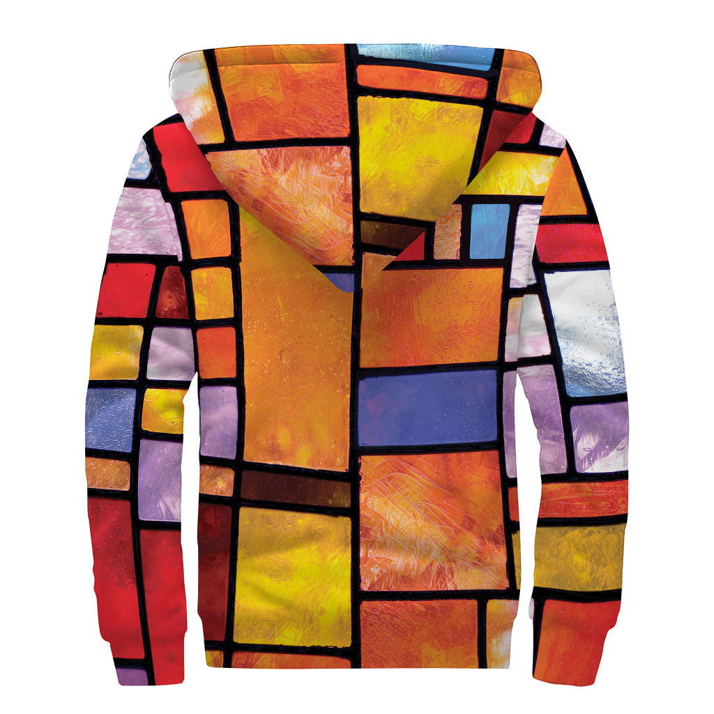 Groovy Vibes: Colorful Stained Glass Mosaic Print Sherpa Lined Zip Up Hoodie - 2