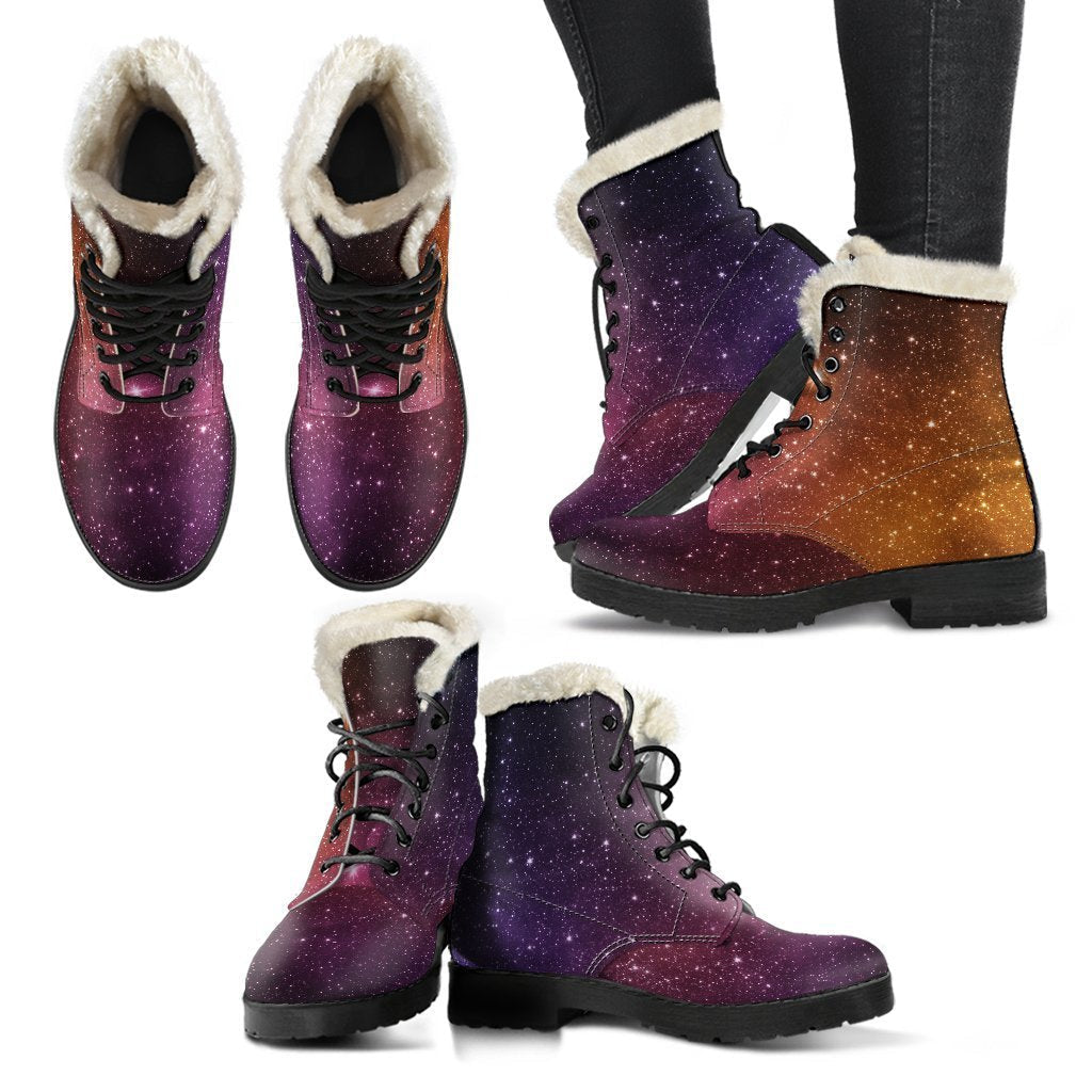 Stardust Galaxy Space Print Faux Fur Leather Boots: Stepping Into Style with Hippie Vibes - 2