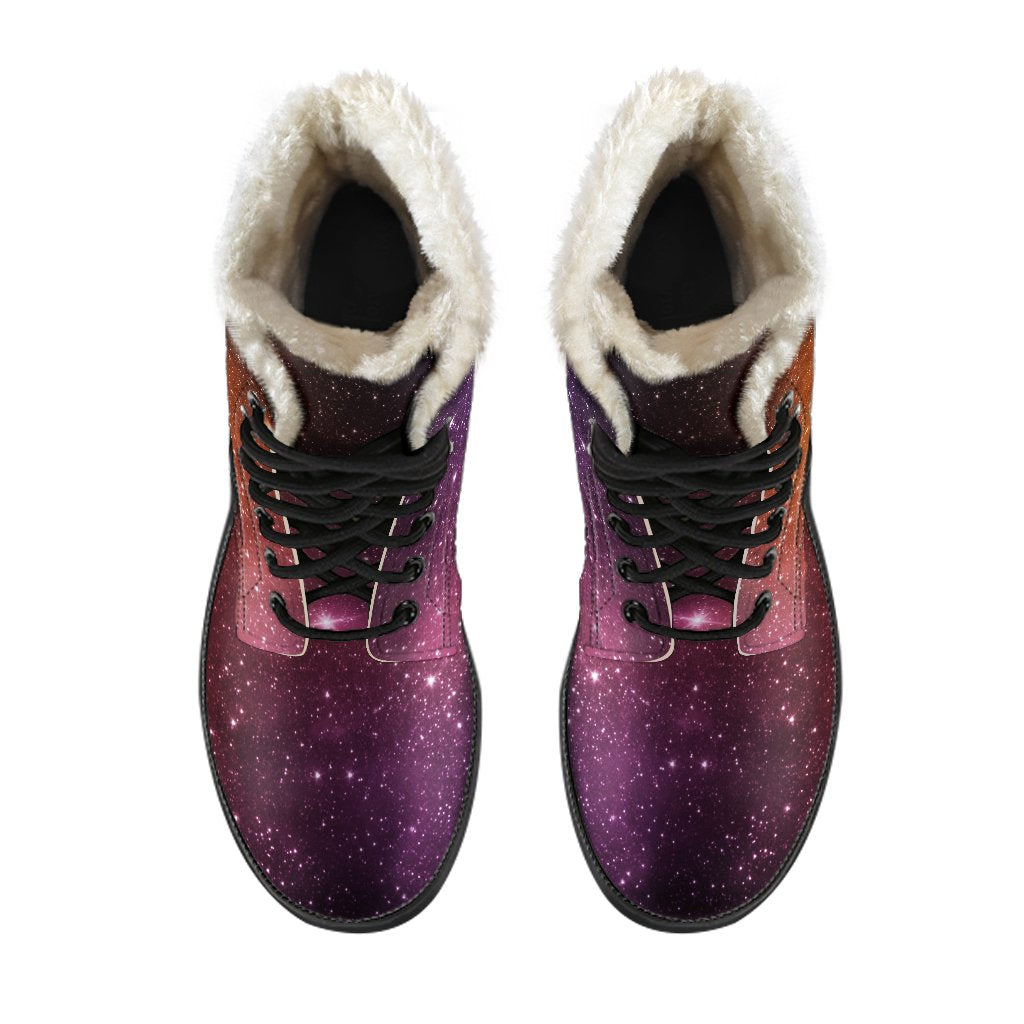 Stardust Galaxy Space Print Faux Fur Leather Boots: Stepping Into Style with Hippie Vibes - 4