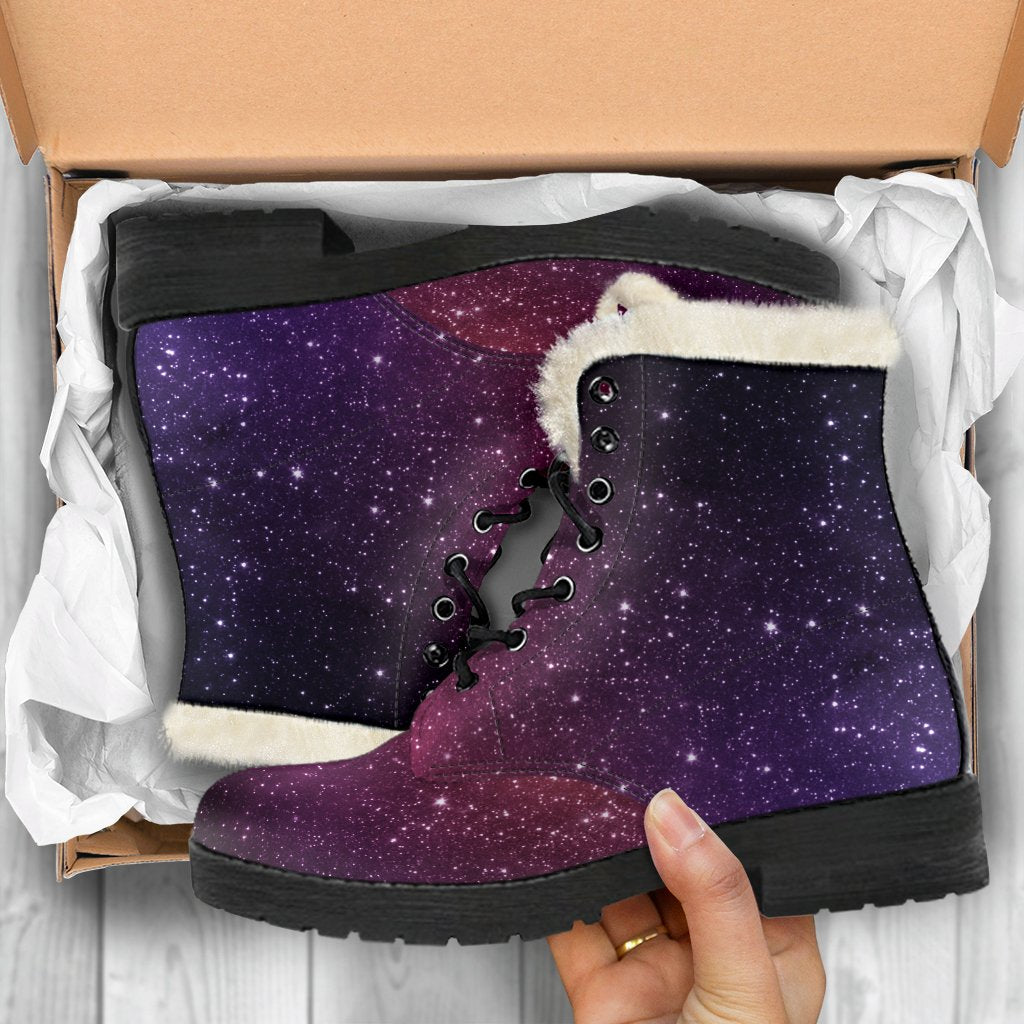 Stardust Galaxy Space Print Faux Fur Leather Boots: Stepping Into Style with Hippie Vibes - 5