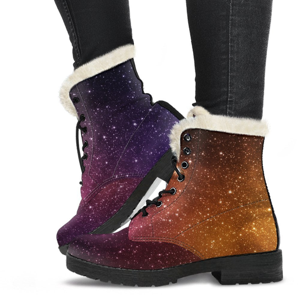 Stardust Galaxy Space Print Faux Fur Leather Boots: Stepping Into Style with Hippie Vibes - 1