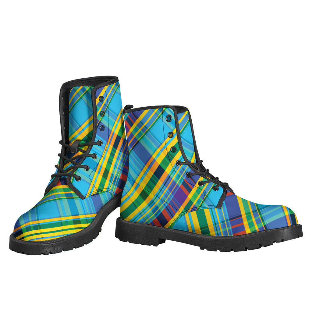 Groovy Threads: Colorful Tartan Pattern Leather Lightweight Boots for Modern Hippies - 3