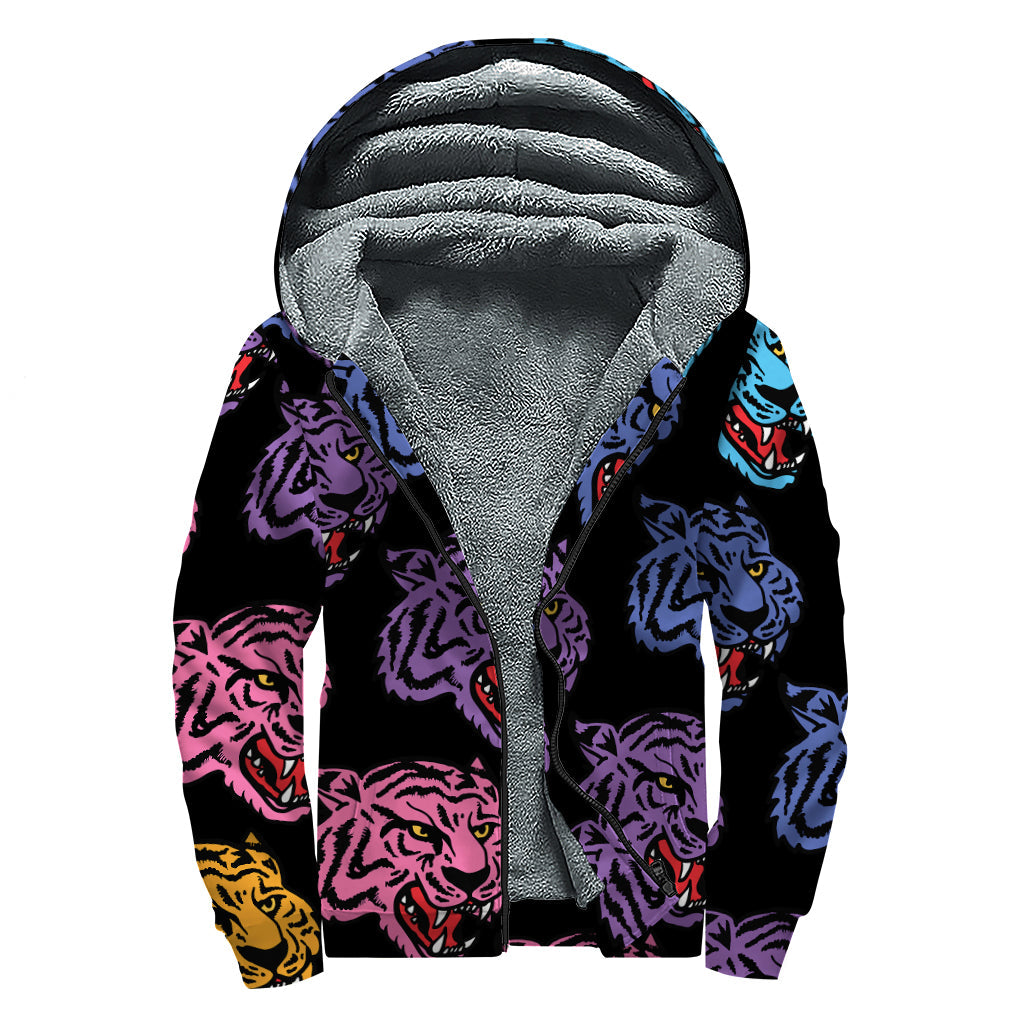 Colorful Tiger Head Hippie Sherpa Lined Zip Up Hoodie - 1