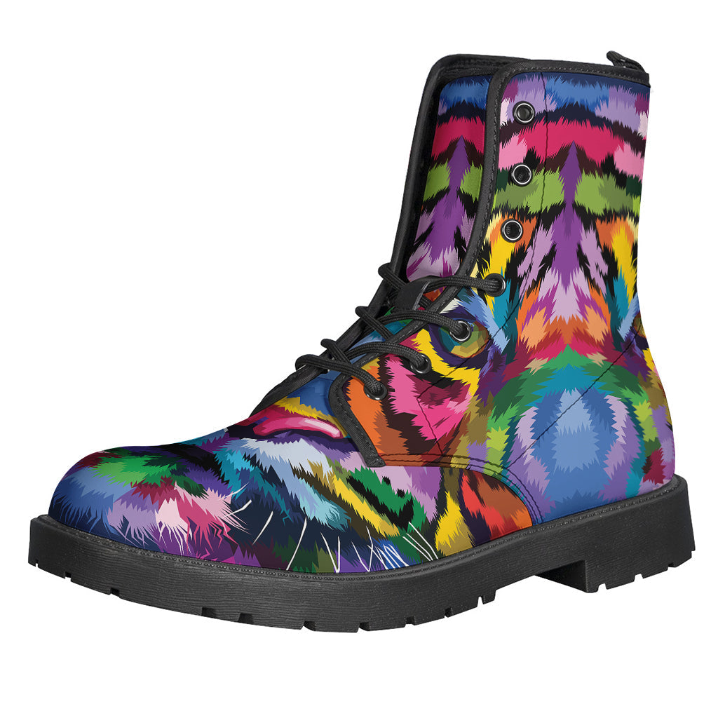 Colorful Tiger Portrait Print Leather Boots for Free-Spirited Hippies - 1