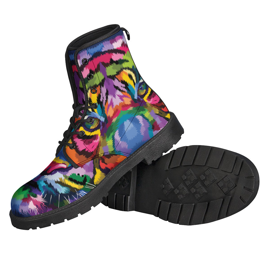 Colorful Tiger Portrait Print Leather Boots for Free-Spirited Hippies - 2