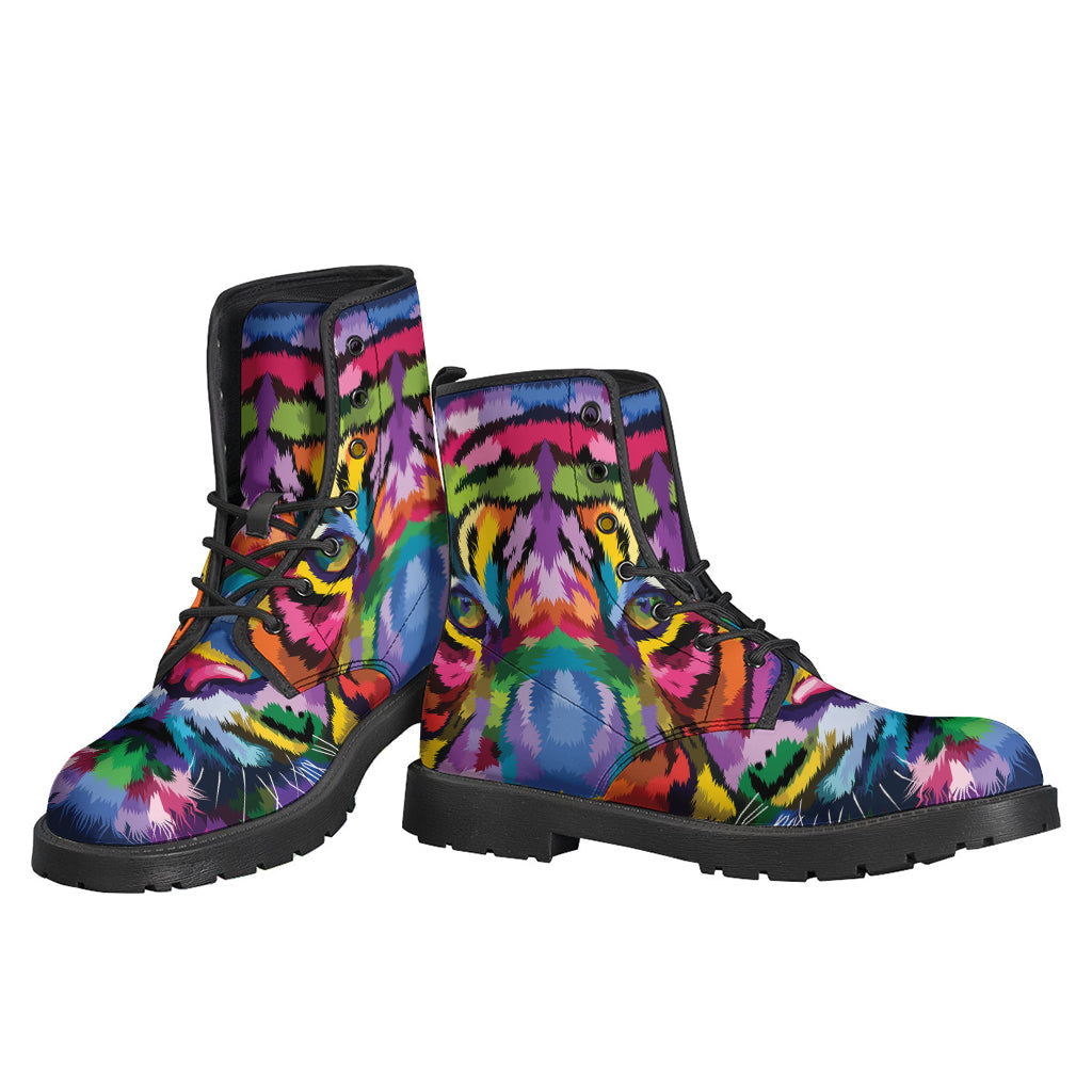 Colorful Tiger Portrait Print Leather Boots for Free-Spirited Hippies - 3