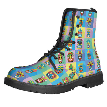 Colorful Tiki Pattern Leather Lightweight Boots for Groovy Hippies - 1