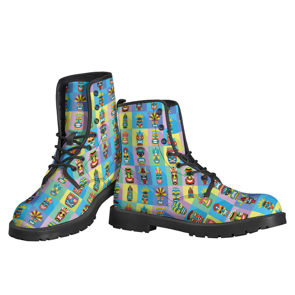 Colorful Tiki Pattern Leather Lightweight Boots for Groovy Hippies - 3