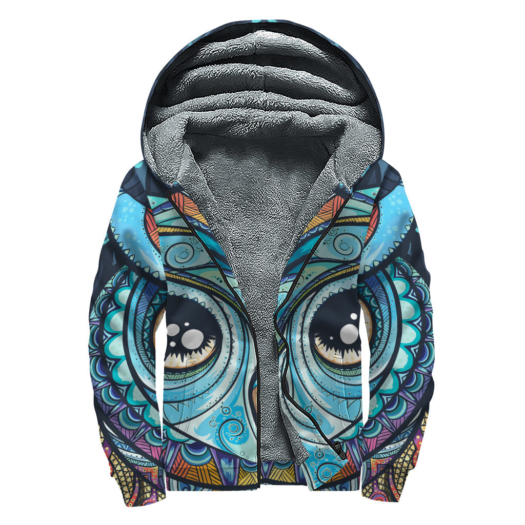 Colorful Tribal Owl Print Sherpa Lined Zip Up Hoodie for Free Spirited Hippies - 1