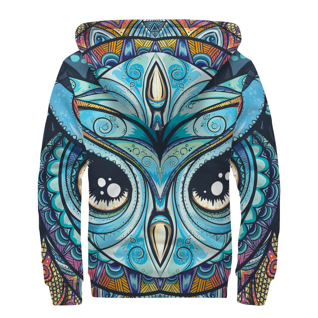 Colorful Tribal Owl Print Sherpa Lined Zip Up Hoodie for Free Spirited Hippies - 2