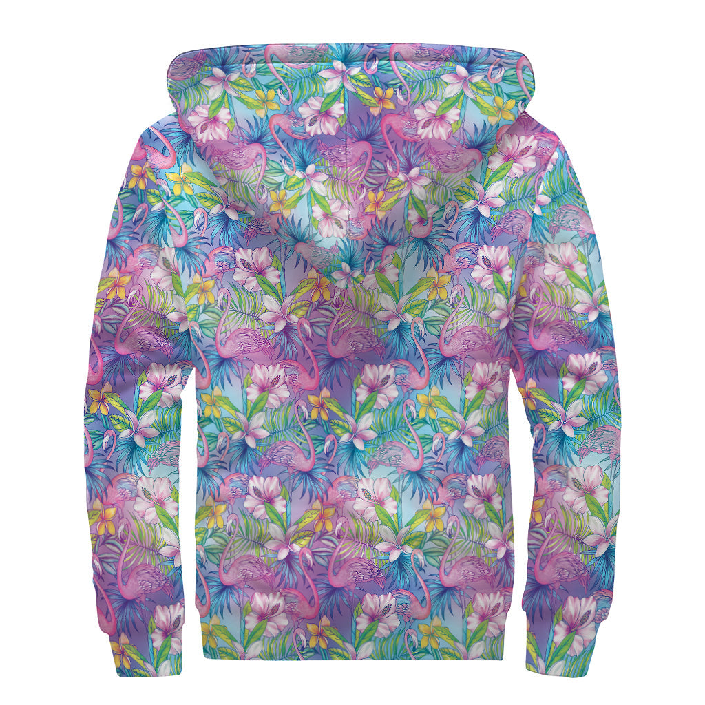 Colorful Tropical Flamingo Print Sherpa Lined Zip Up Hoodie for Groovy Hippies - 2