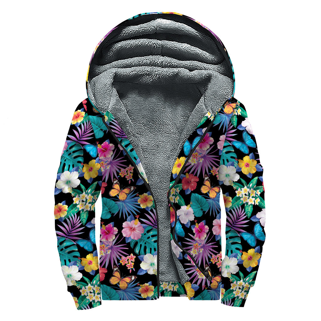 Colorful Tropical Jungle Sherpa Lined Hippie Zip Up Hoodie - 1