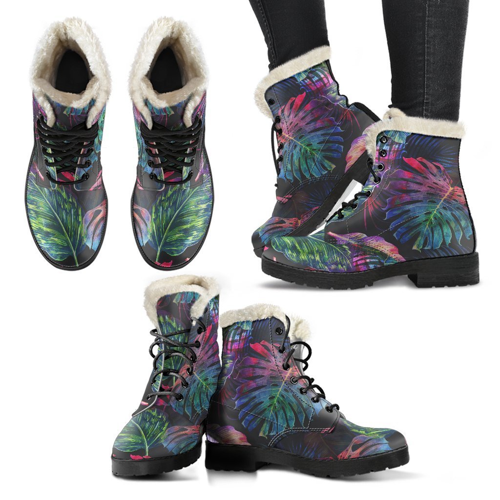 Boho Vibes: Colorful Tropical Leaves Faux Fur Leather Boots - 2