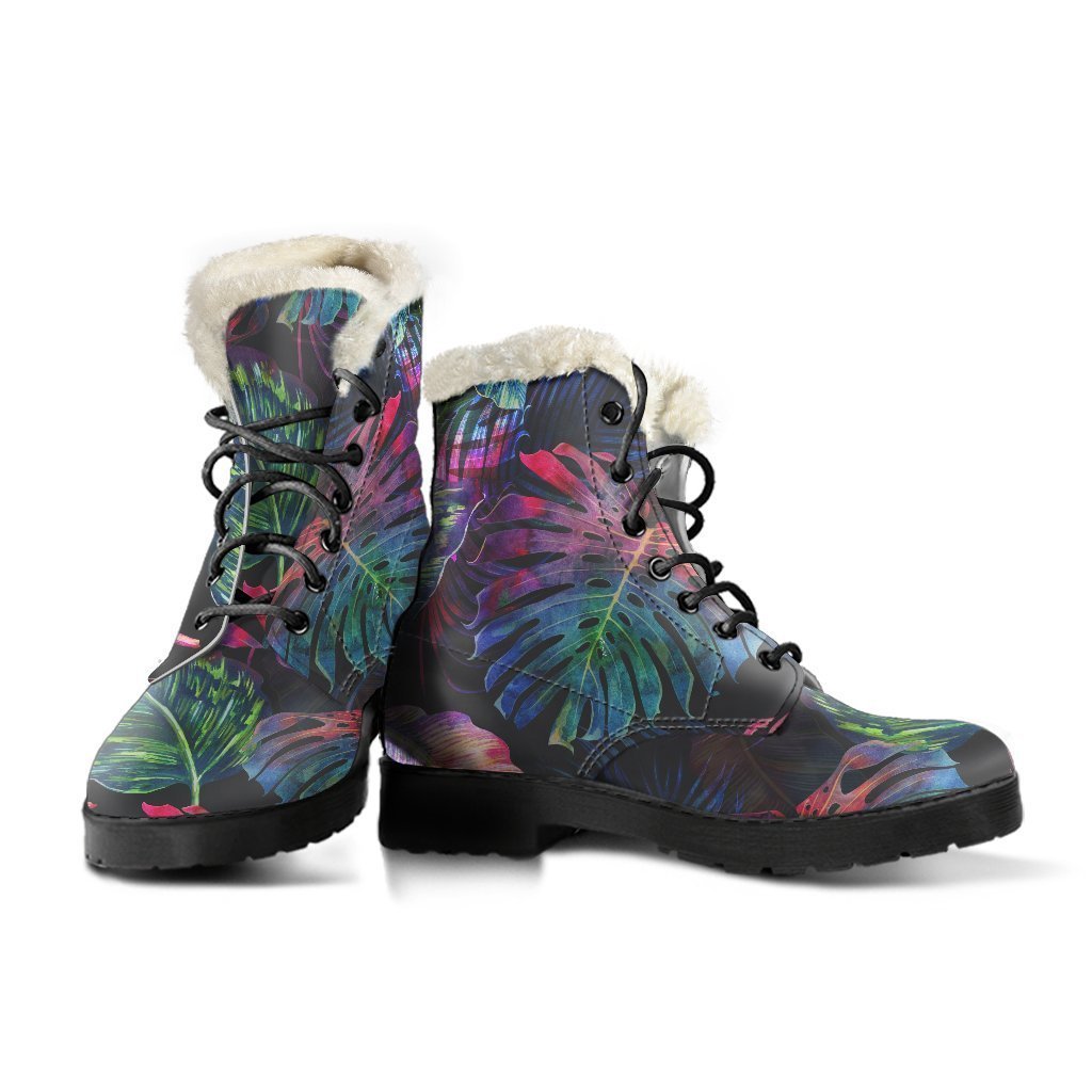 Boho Vibes: Colorful Tropical Leaves Faux Fur Leather Boots - 3