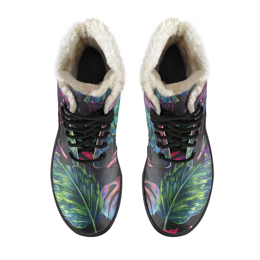 Boho Vibes: Colorful Tropical Leaves Faux Fur Leather Boots - 4