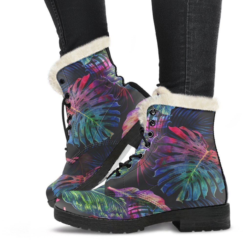 Boho Vibes: Colorful Tropical Leaves Faux Fur Leather Boots - 1