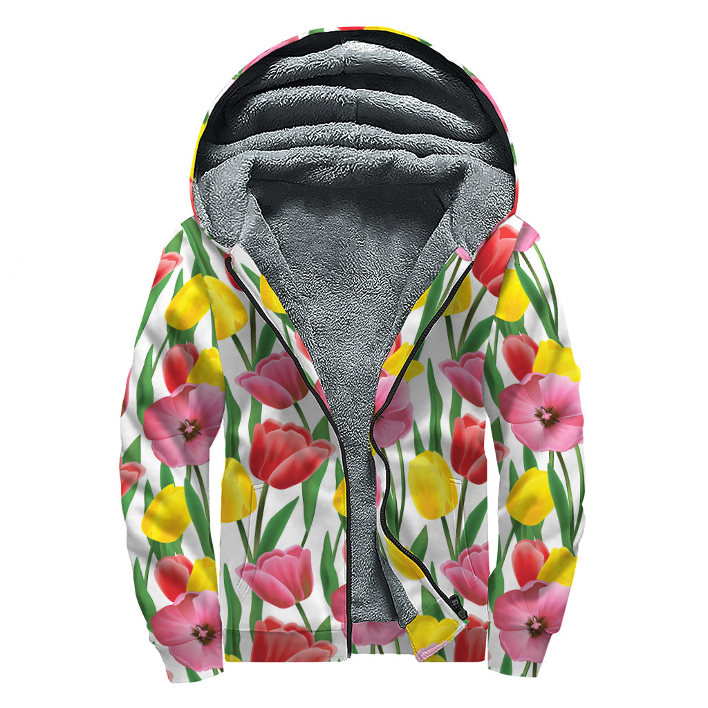 Colorful Tulip Pattern Print Hippie Sherpa Lined Zip Up Hoodie - 1