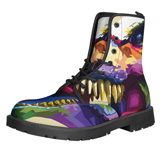 Colorful Tyrannosaurus Rex Print Leather Lightweight Boots for the Free-Spirited Hippies - 1