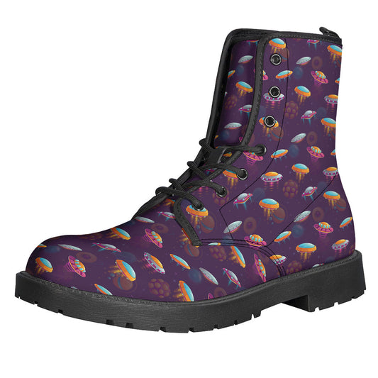 Colorful UFO Pattern Leather Lightweight Boots for the Modern Hippie - 1